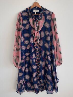 Saloni 100% Silk Floral Ruffle Dress Size 12 Boho Luxe Sheer Sleeve Midi